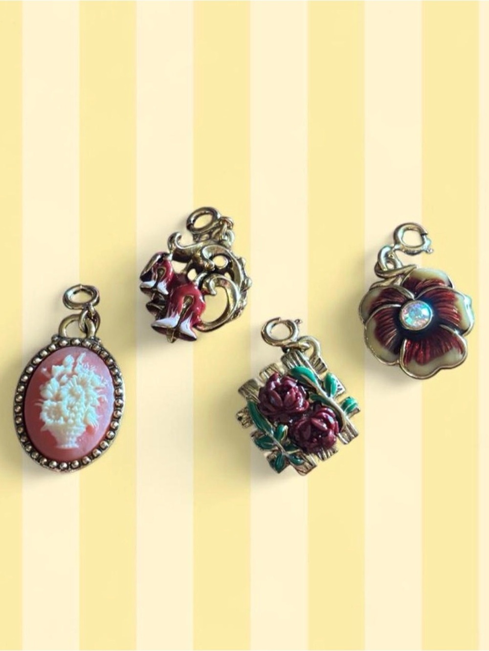Joan Rivers Red and Green Enamel Floral & Cameo Charm Set
